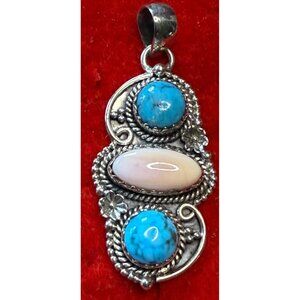 Pink Conch Shell & Blue Turquoise Sterling Silver Pendant 925 Handmade